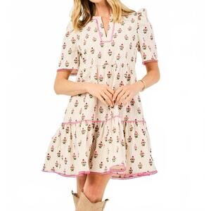 NEW MARY SQUARE adelyn puff sleeve mini dress in cottage stripes tan